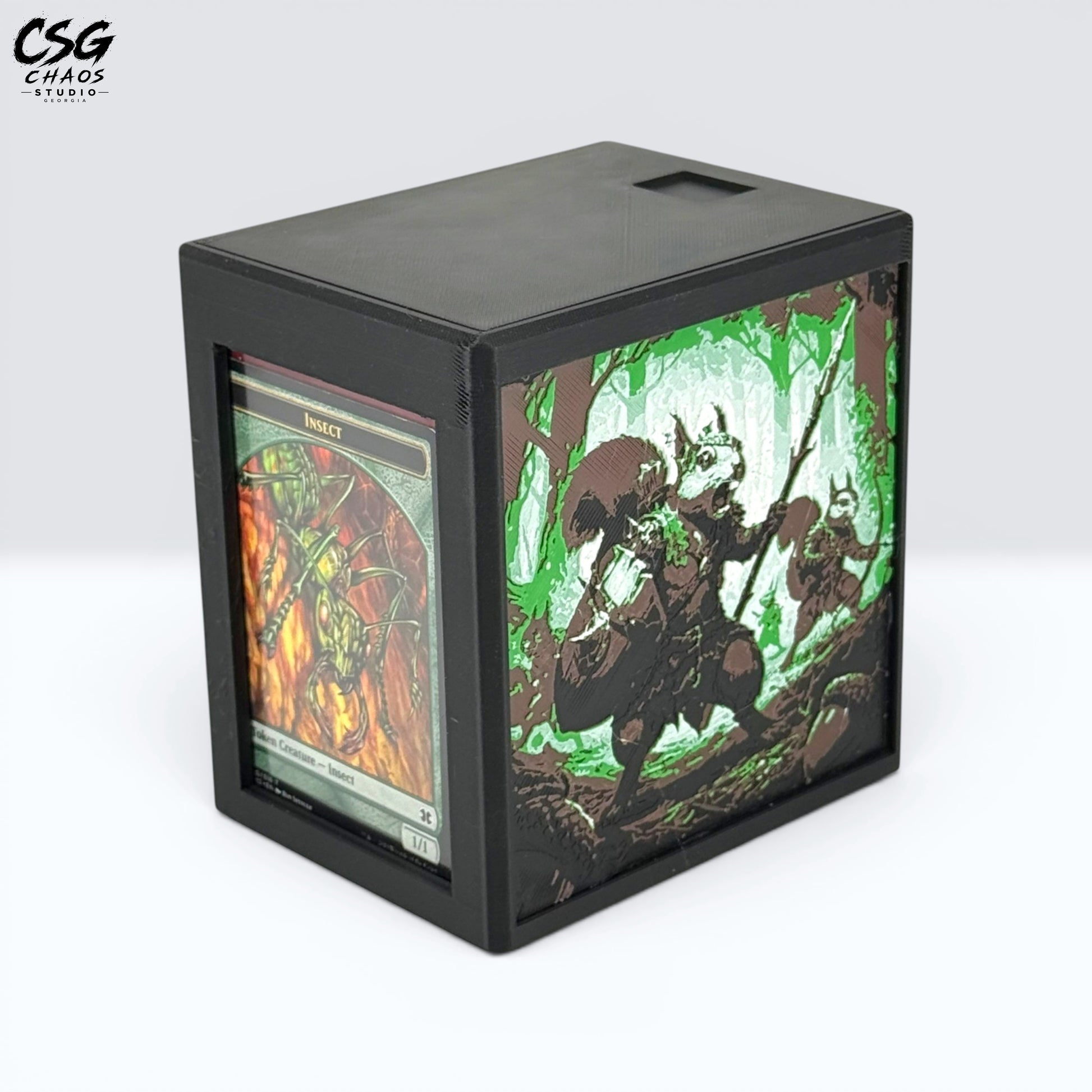 MTG Commander Deck Box commander display window holding an Insect token card, angled view — Chaos Studio Georgia