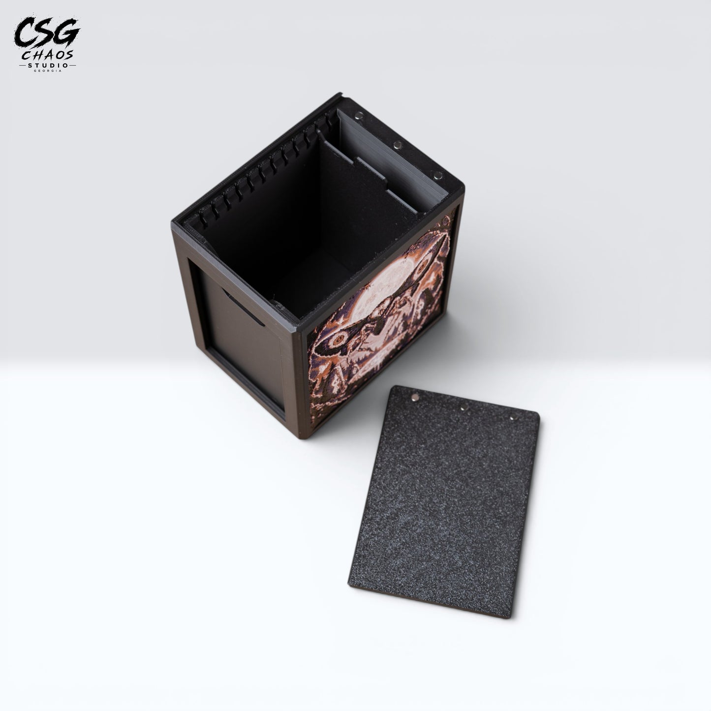 MTG Commander deck box open from the top showing a full double-sleeved card stack inside — Chaos Studio Georgia
