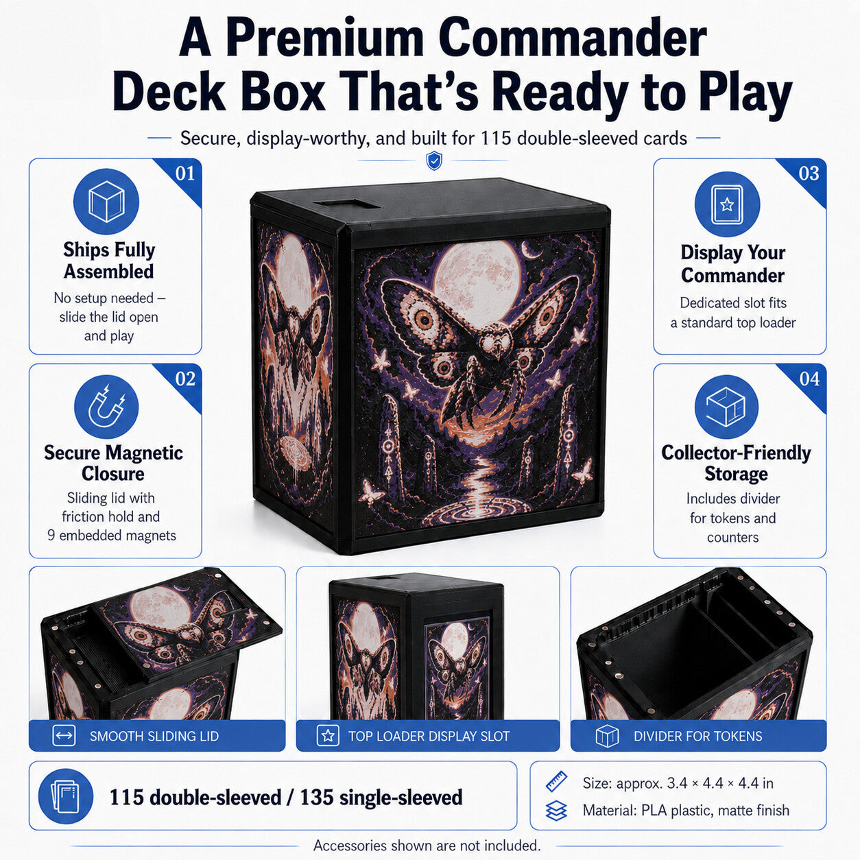 MTG Commander deck box feature graphic — magnetic sliding lid, display window and removable divider — Chaos Studio Georgia