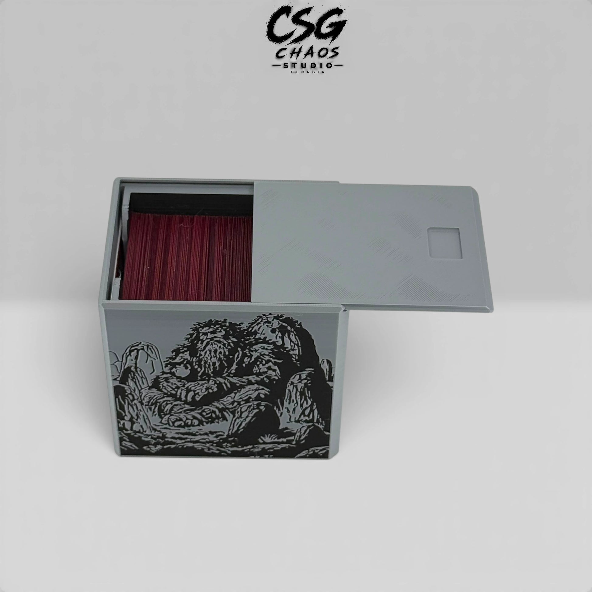 MTG commander deck box Mountain Giant PILLAR open showing sliding lid and card capacity — Chaos Studio Georgia