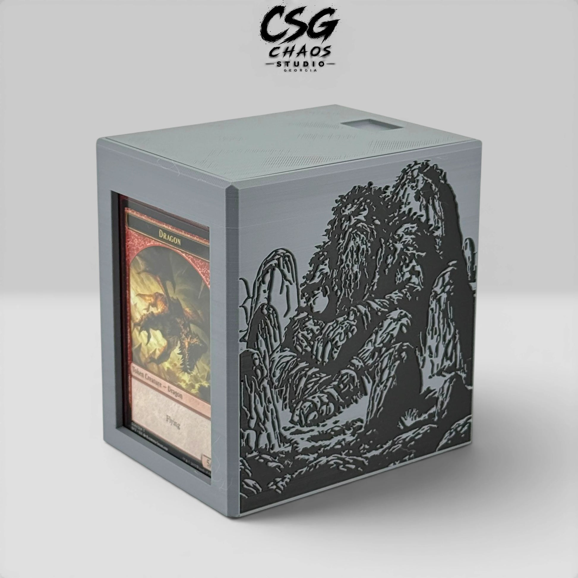 MTG commander deck box PILLAR Mountain Giant commander card display slot shown at angle — Chaos Studio Georgia