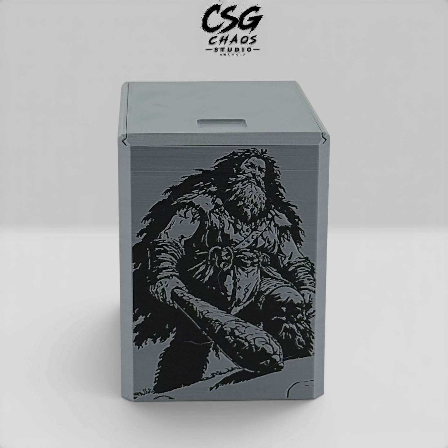 MTG commander deck box PILLAR Mountain Giant gray and black giant figure panel closeup — Chaos Studio Georgia