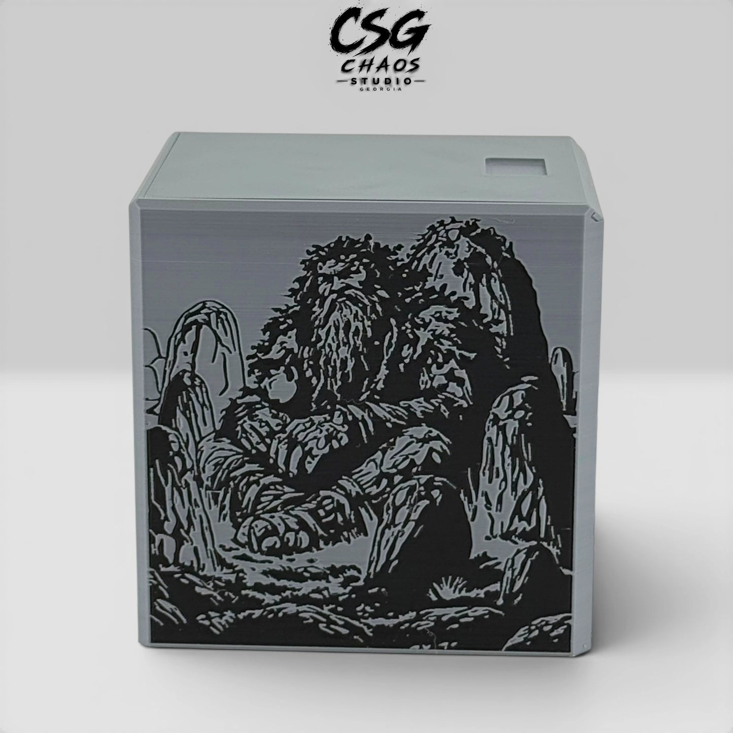 MTG commander deck box PILLAR series mountain giant figure face panel in gray and black — Chaos Studio Georgia