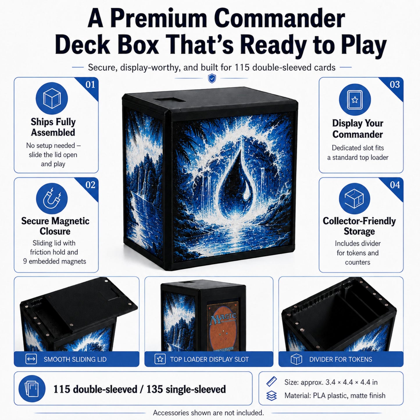 MTG Commander deck box feature graphic — magnetic sliding lid, display window and removable divider — Chaos Studio Georgia