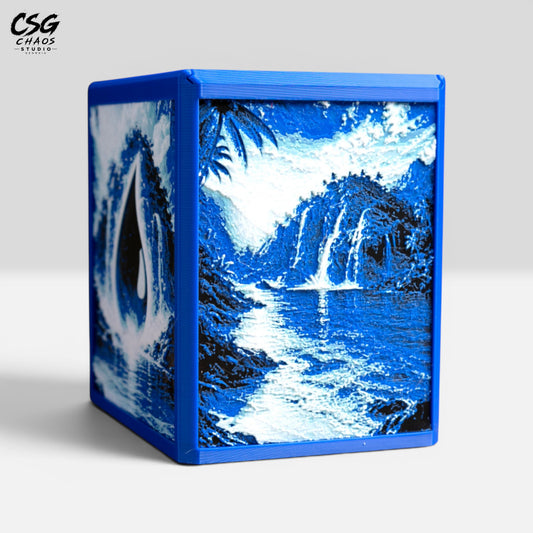 MTG Commander deck box in blue with a Hueforge waterfall panel and water-drop sigil, front studio view — Chaos Studio Georgia