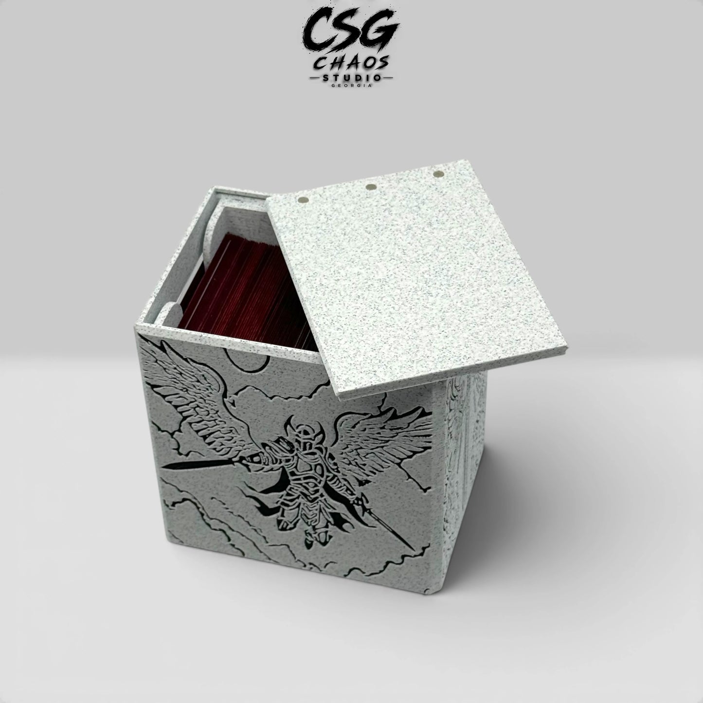 MTG commander deck box open showing 100-card Commander deck capacity — Chaos Studio Georgia