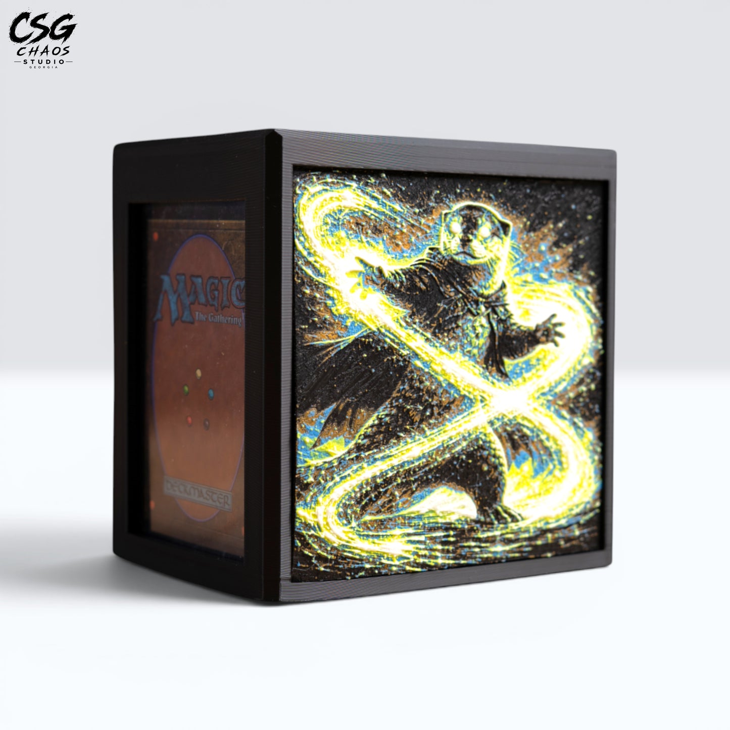 MTG Commander Deck Box PRISM Series, close angle detail of otter mage casting spell panel art — Chaos Studio Georgia