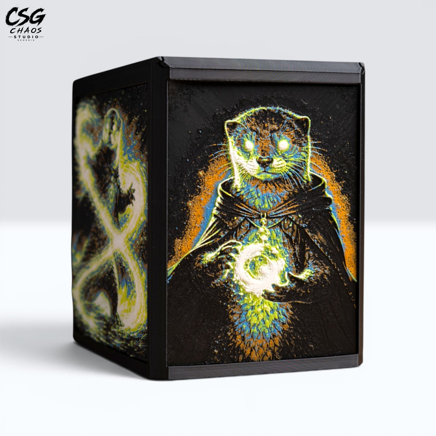 MTG Commander Deck Box PRISM Series, corner angle with mystical otter mage panel art on black — Chaos Studio Georgia