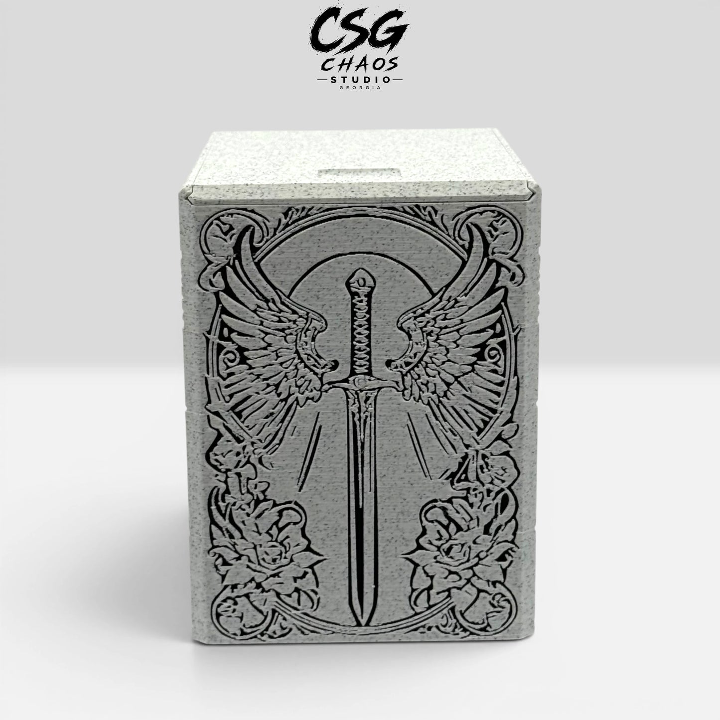 MTG commander deck box PILLAR series armored angel in stone white and black — Chaos Studio Georgia