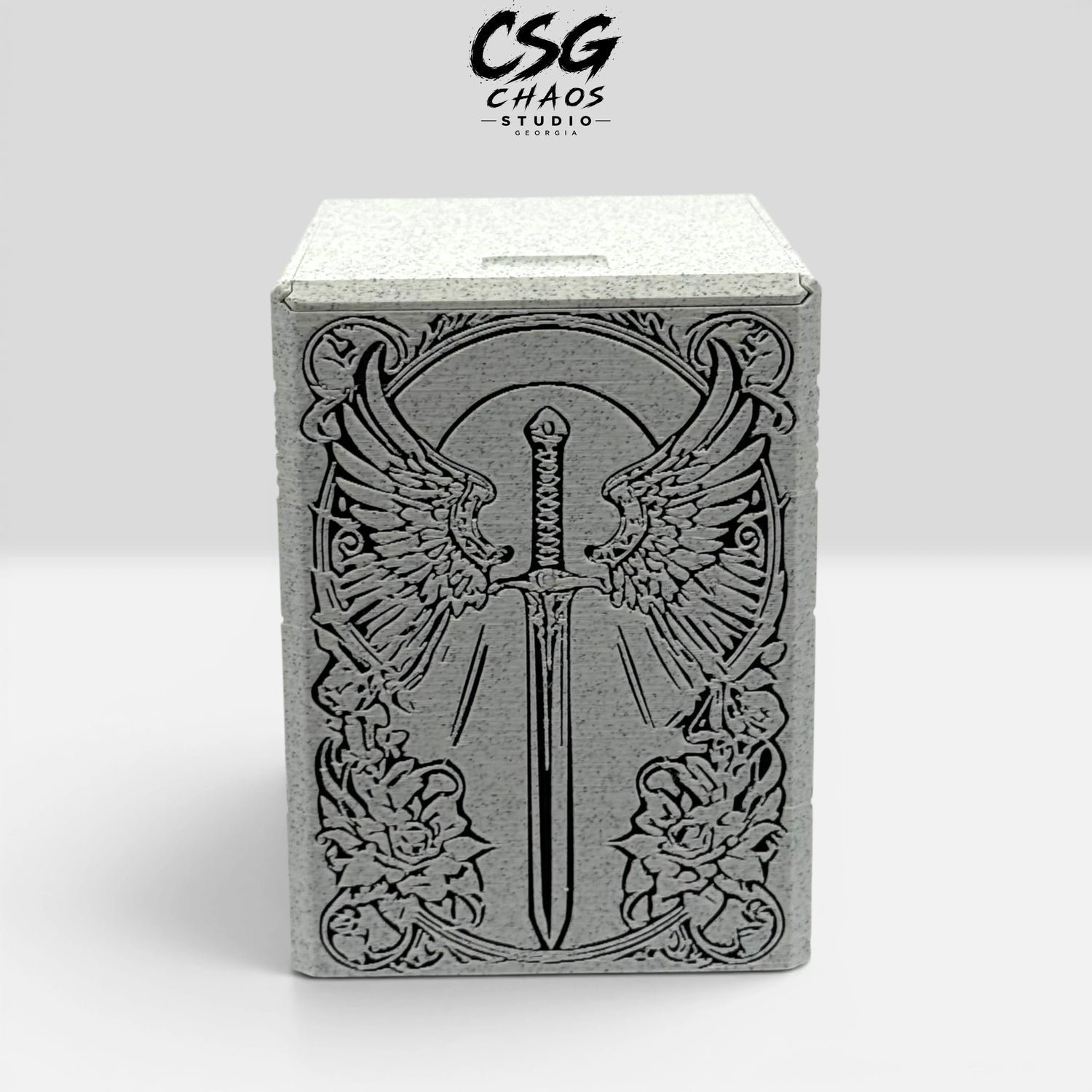 MTG commander deck box PILLAR series armored angel in stone white and black — Chaos Studio Georgia