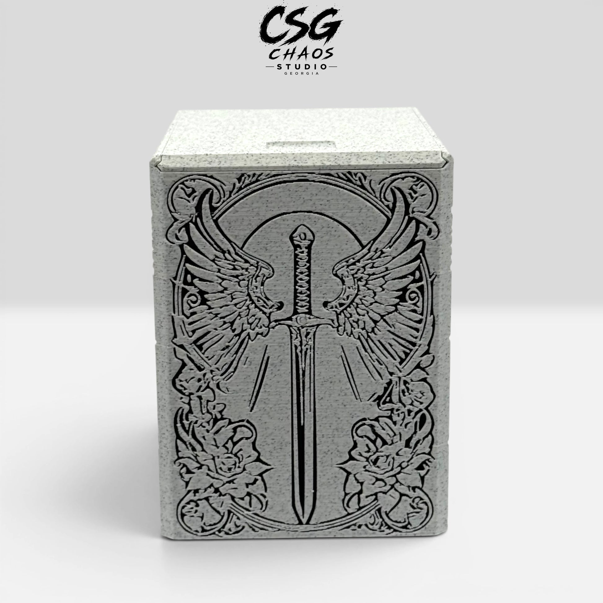 MTG commander deck box PILLAR series armored angel in stone white and black — Chaos Studio Georgia