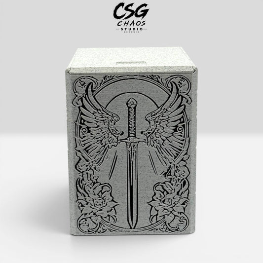 MTG commander deck box PILLAR series armored angel in stone white and black — Chaos Studio Georgia