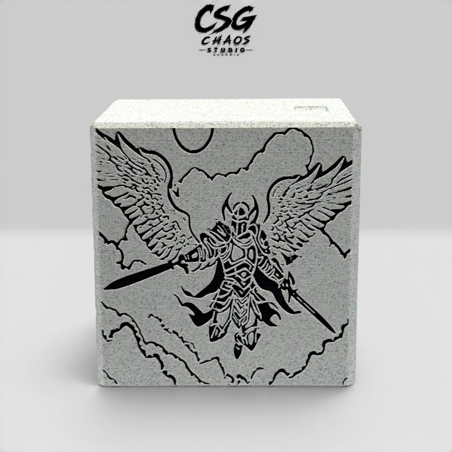 MTG commander deck box PILLAR series celestial warrior side panel in stone white — Chaos Studio Georgia