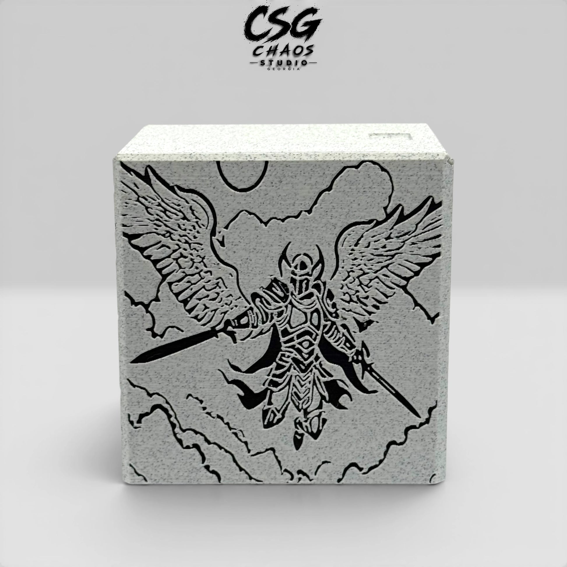 MTG commander deck box PILLAR series celestial warrior side panel in stone white — Chaos Studio Georgia