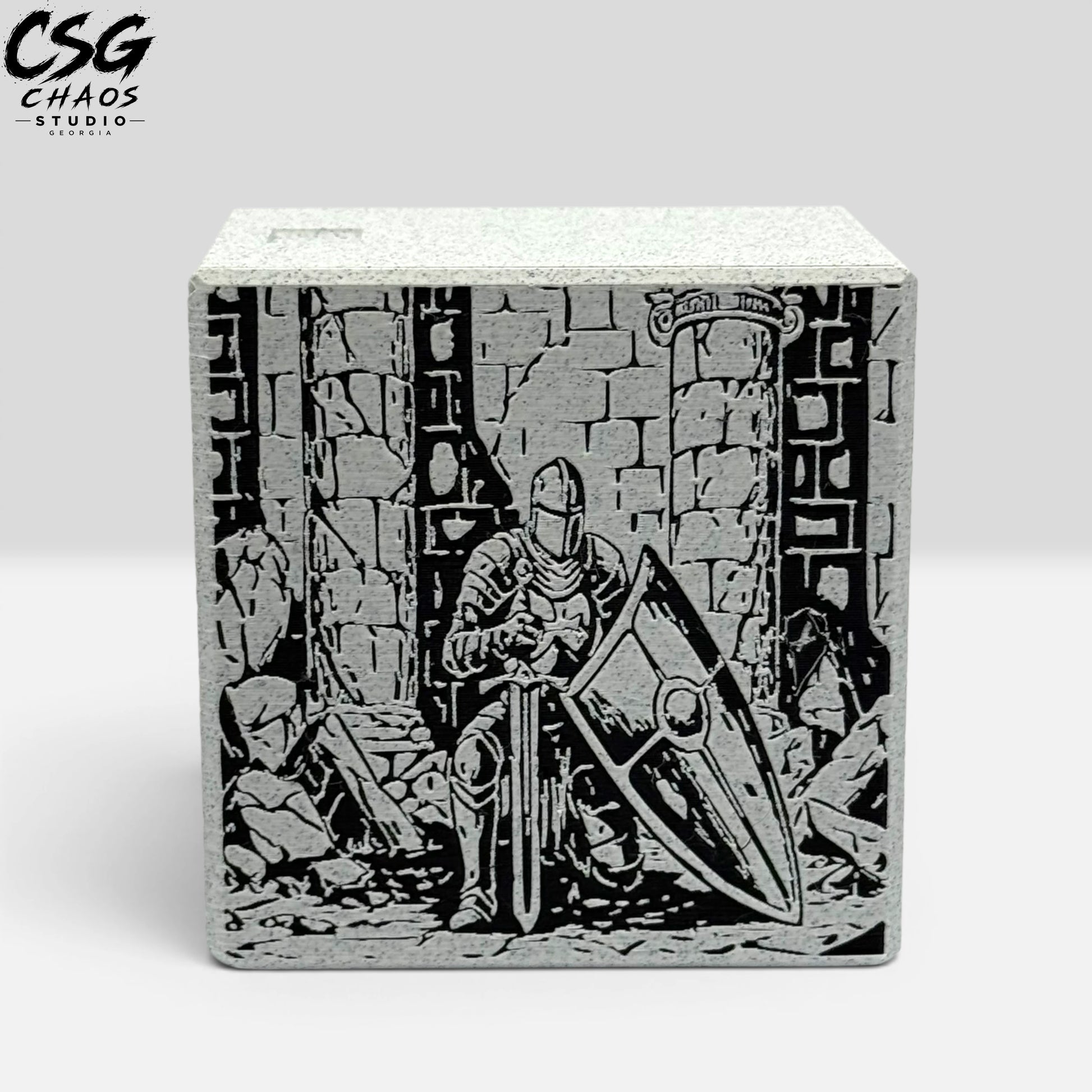 MTG commander deck box PILLAR armored knight front panel — warrior in stone castle archway — Chaos Studio Georgia