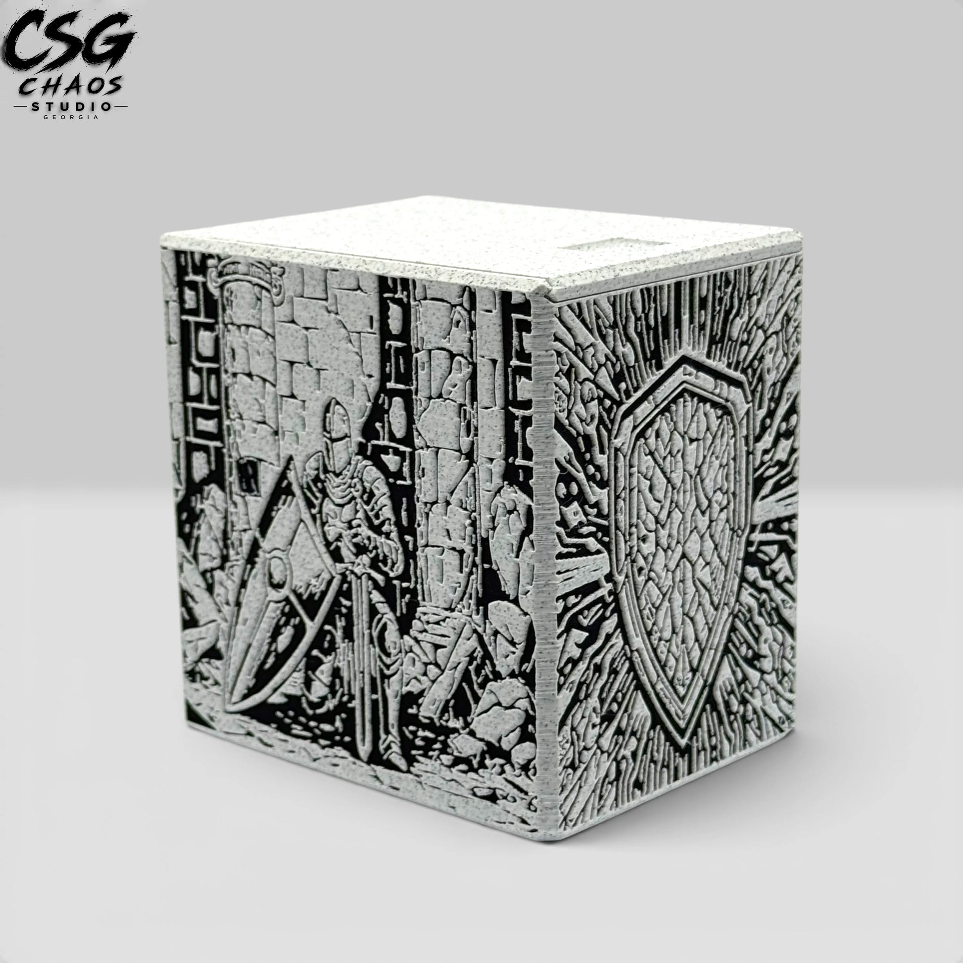 MTG commander deck box PILLAR Series armored knight in gray and black — Chaos Studio Georgia