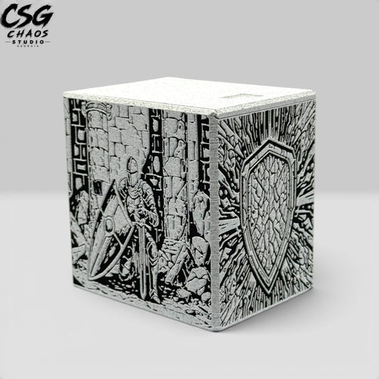 MTG commander deck box PILLAR Series armored knight in gray and black — Chaos Studio Georgia