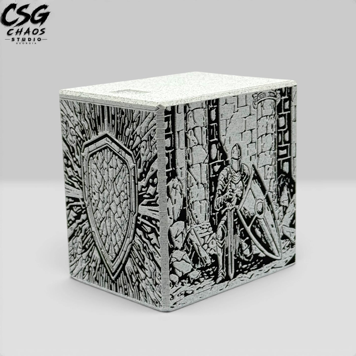 MTG commander deck box PILLAR Series armored knight — Commander deck box infographic alternate — Chaos Studio Georgia