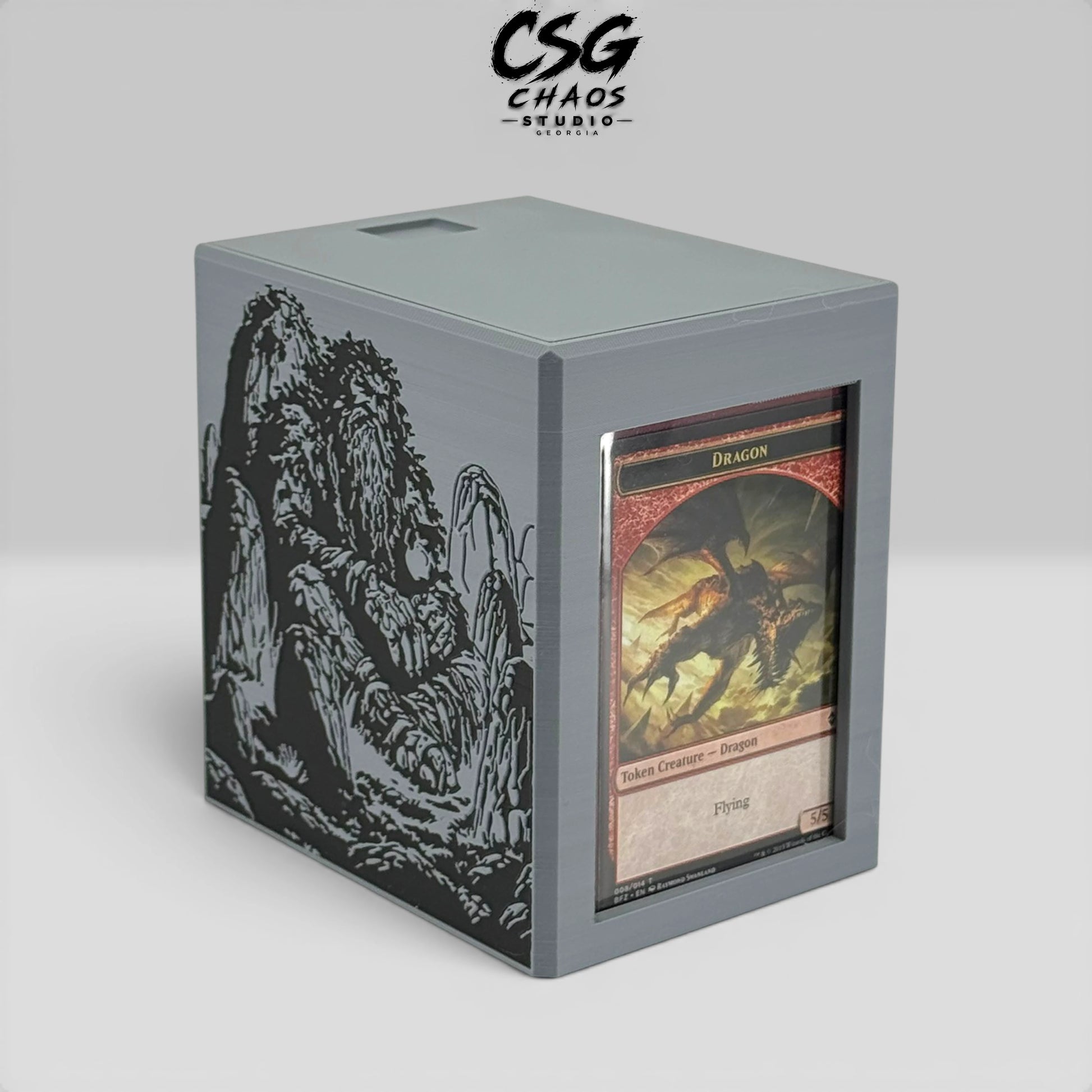 MTG commander deck box PILLAR series commander display window with stone terrain side panel — Chaos Studio Georgia
