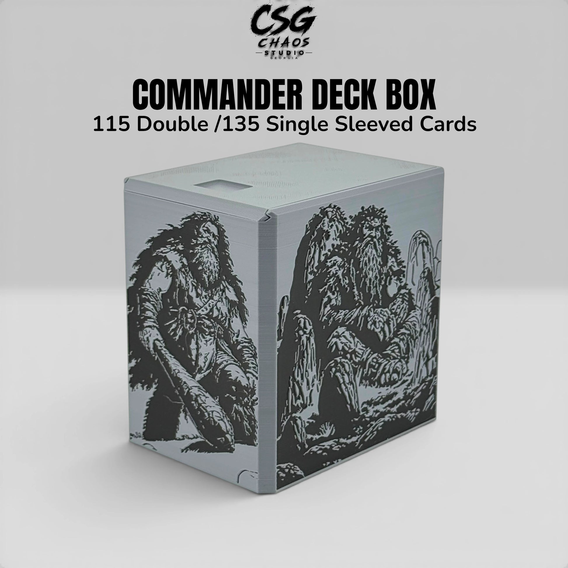 MTG commander deck box PILLAR Mountain Giant in gray and black three-quarter front view — Chaos Studio Georgia