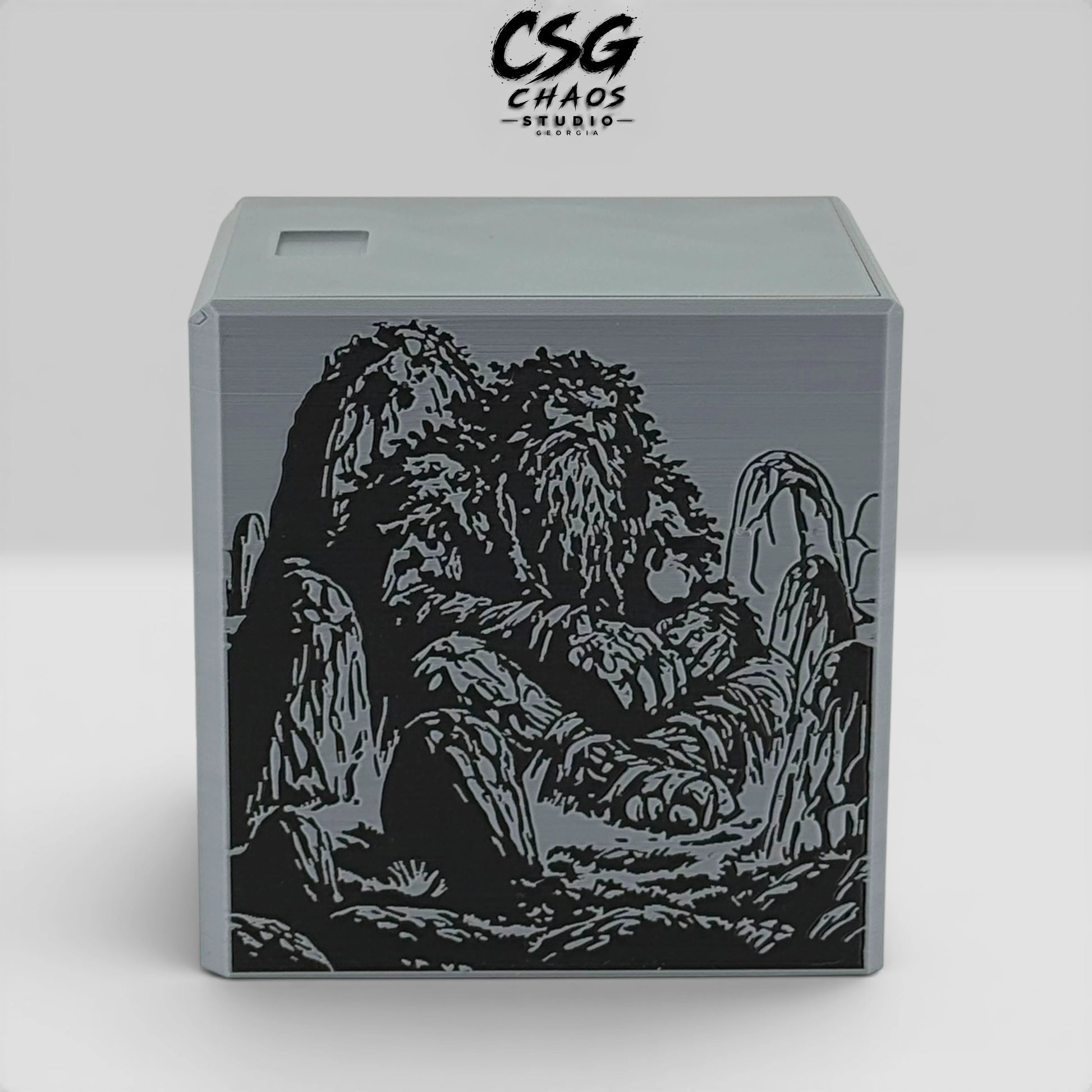MTG commander deck box PILLAR series stone terrain and rocky spires panel face-on — Chaos Studio Georgia
