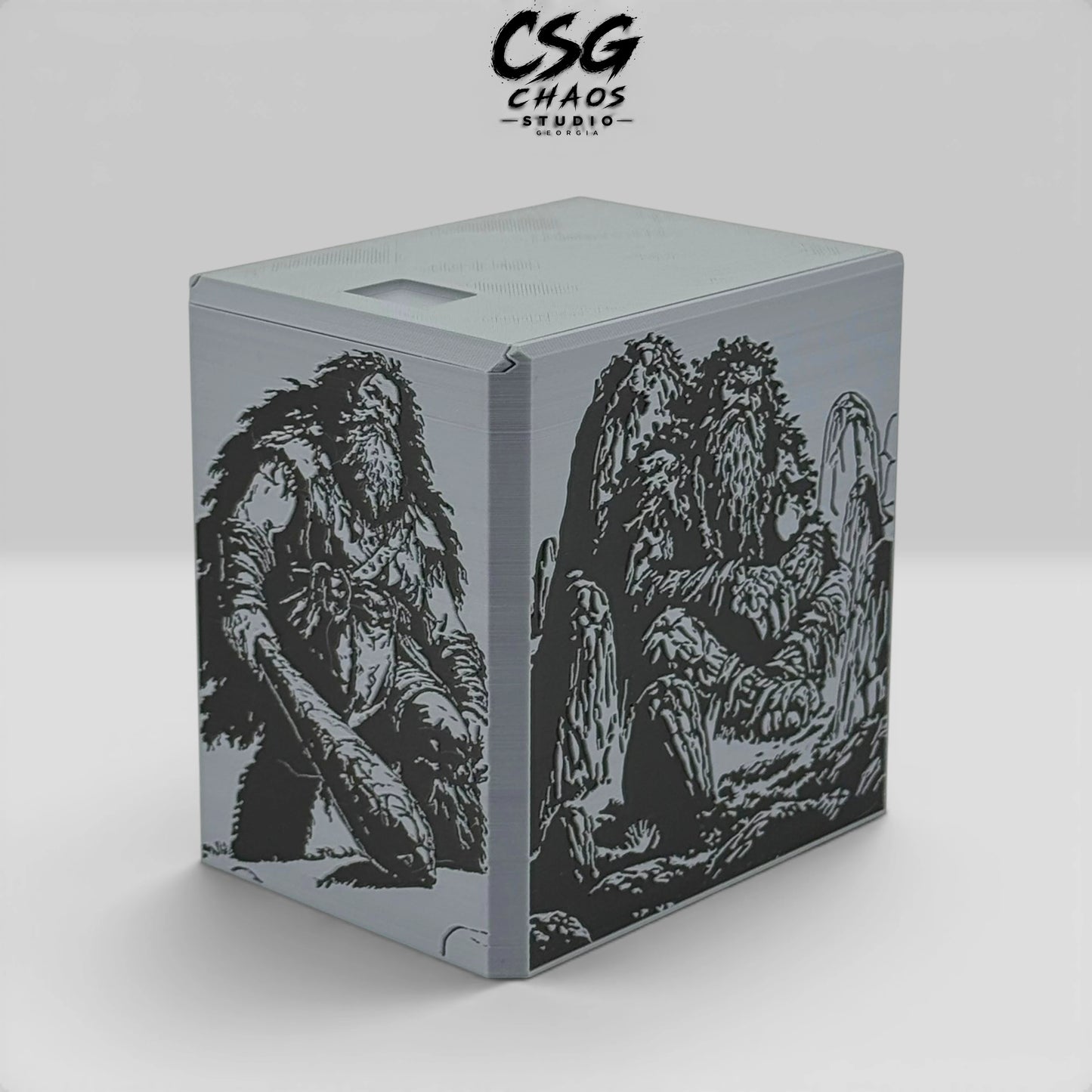 MTG commander deck box PILLAR Mountain Giant wraparound artwork across two panels — Chaos Studio Georgia