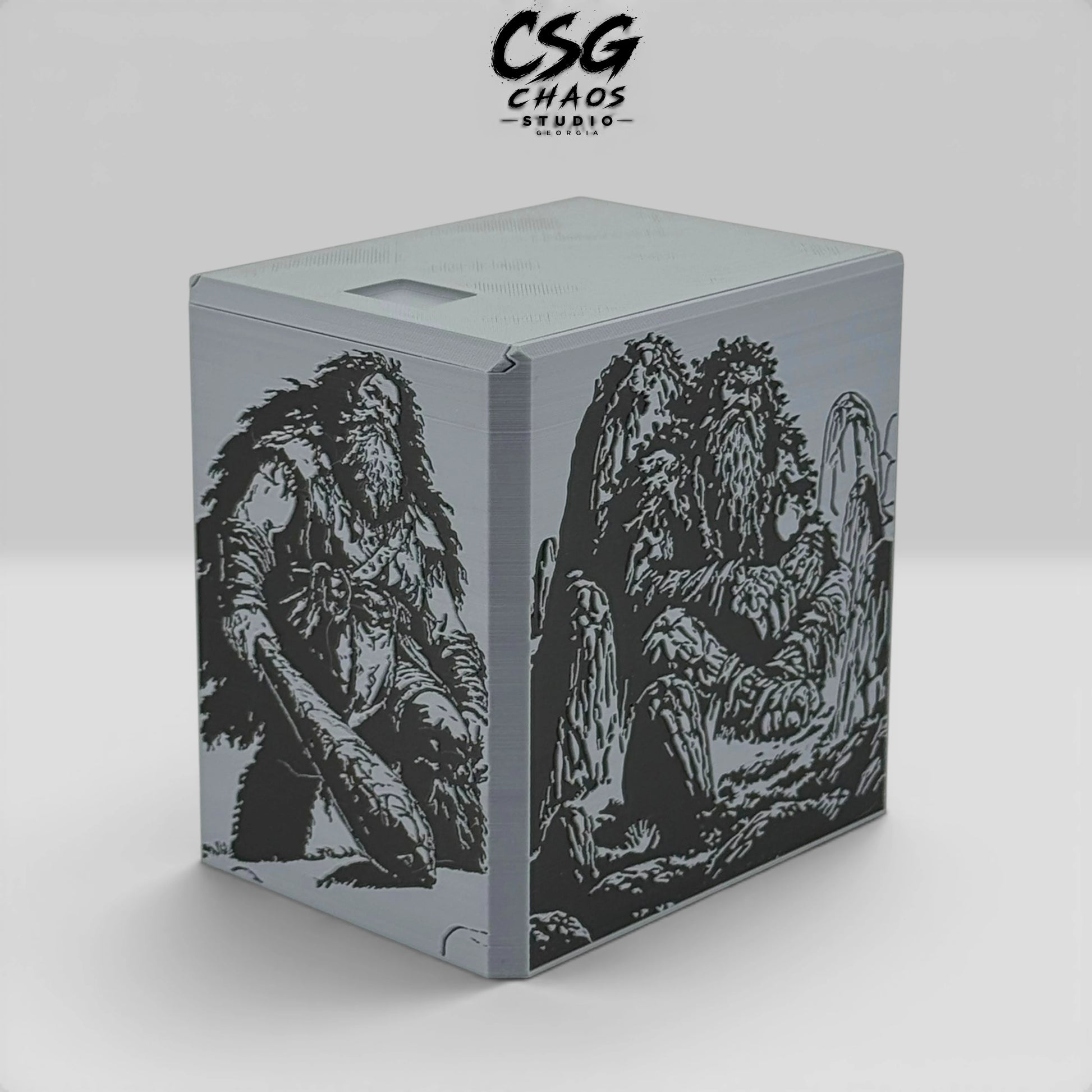 MTG commander deck box PILLAR Mountain Giant wraparound artwork across two panels — Chaos Studio Georgia
