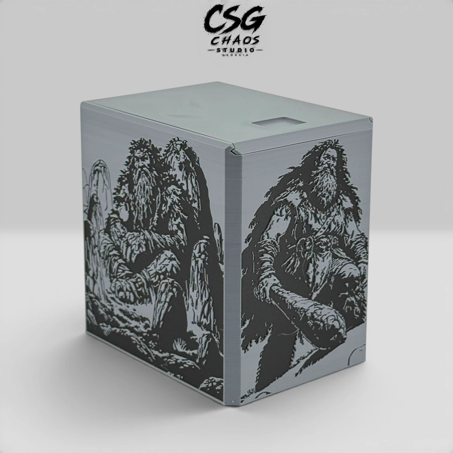 MTG commander deck box PILLAR Mountain Giant three-quarter view showing stone giant artwork — Chaos Studio Georgia