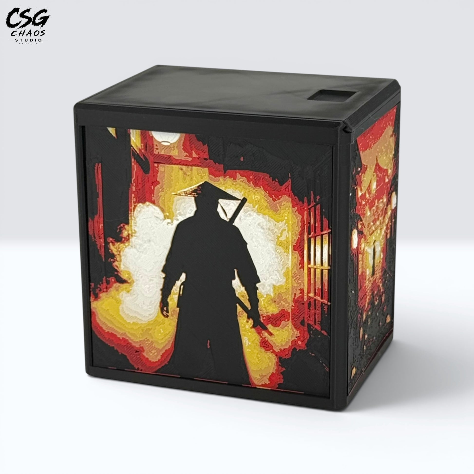MTG Commander Deck Box PRISM series, straight front view of ninja alley Hueforge panel art — Chaos Studio Georgia