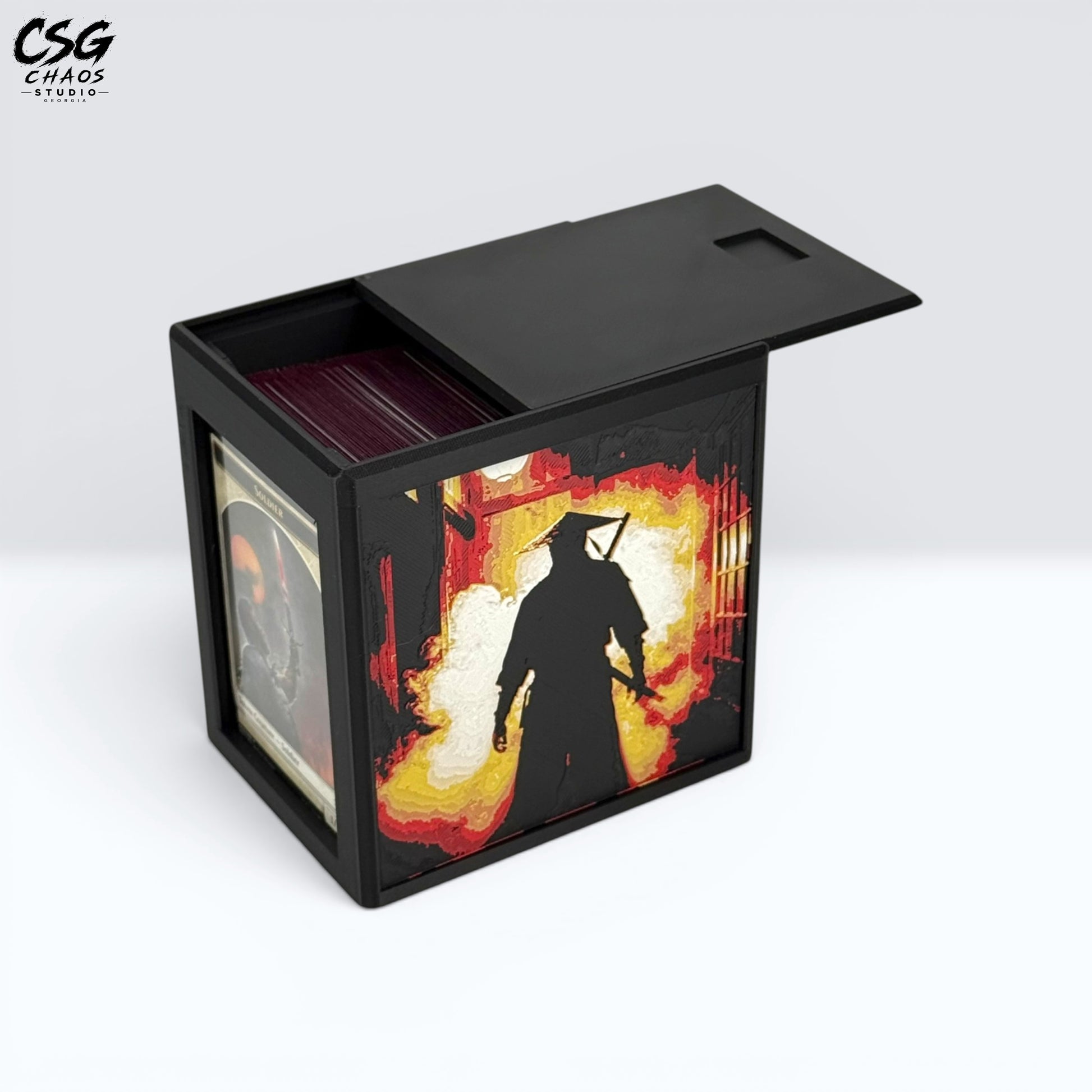 MTG Commander Deck Box PRISM series, close view of alley scene with lantern and torii gate detail — Chaos Studio Georgia