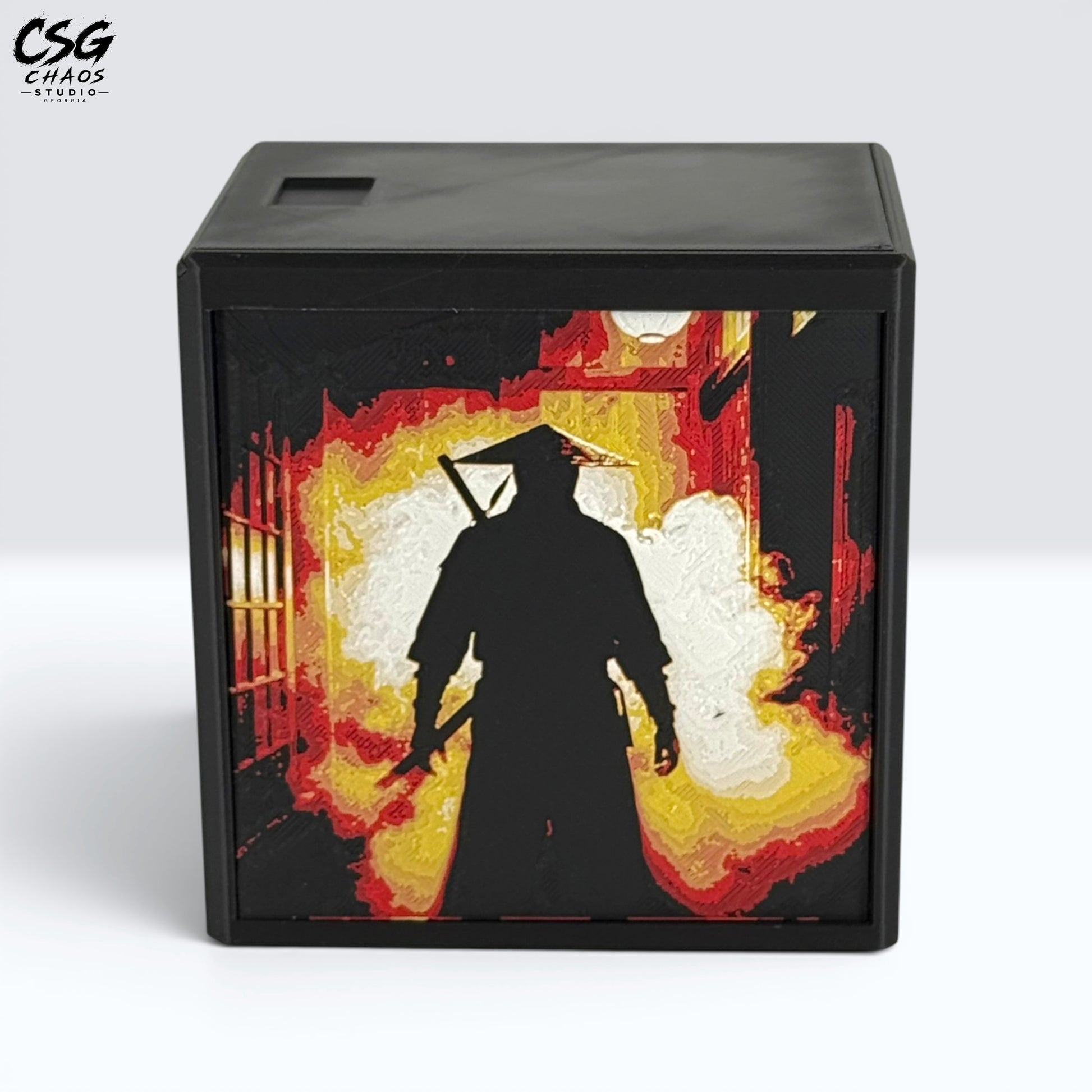 MTG Commander Deck Box PRISM series, wide angle view of ninja silhouette crossing lantern-lit alley — Chaos Studio Georgia