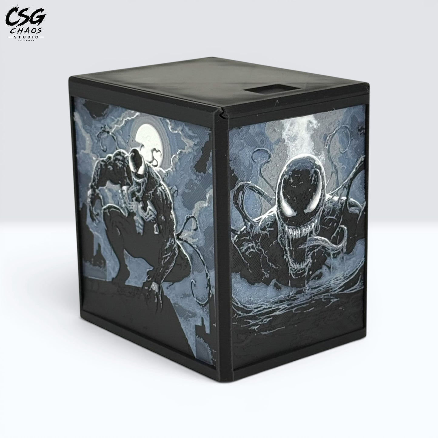 MTG Commander Deck Box PRISM Series, angled view of dark symbiote antihero moonlit panel art on white background — Chaos Studio Georgia