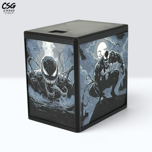 MTG Commander Deck Box PRISM Series, corner angle view of dark symbiote antihero panel art on white background — Chaos Studio Georgia