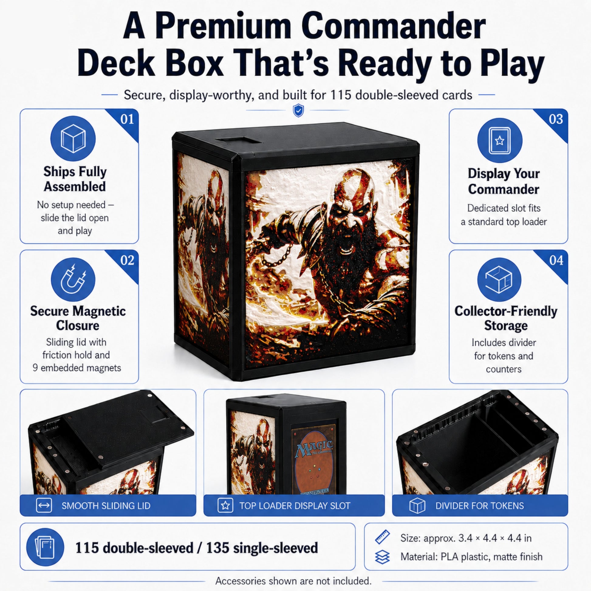 MTG Commander Deck Box PRISM Series, front view with bearded battle god panel art on white background — Chaos Studio Georgia
