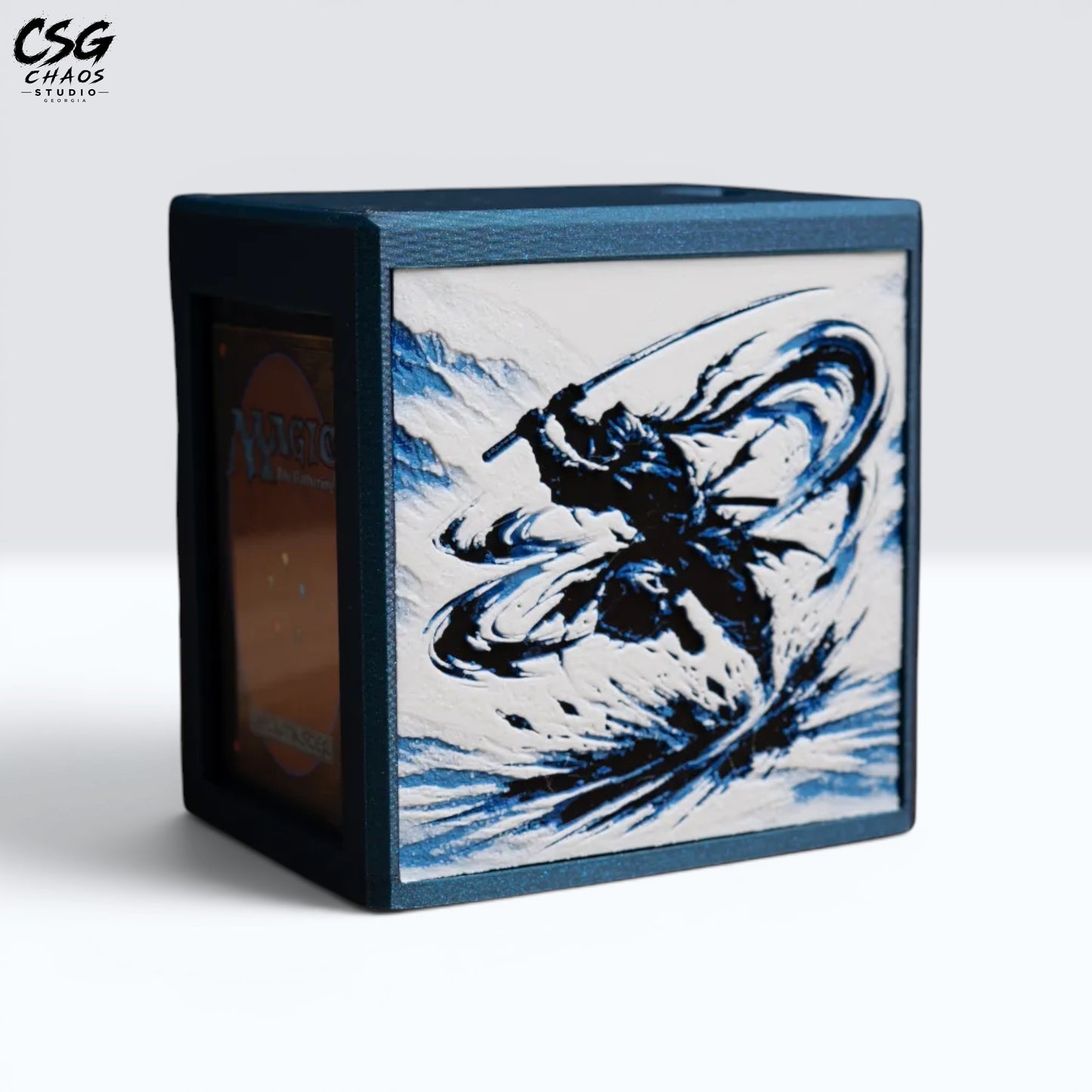 MTG Commander Deck Box PRISM Series, corner view of ink brushstroke swordsman art, white background — Chaos Studio Georgia