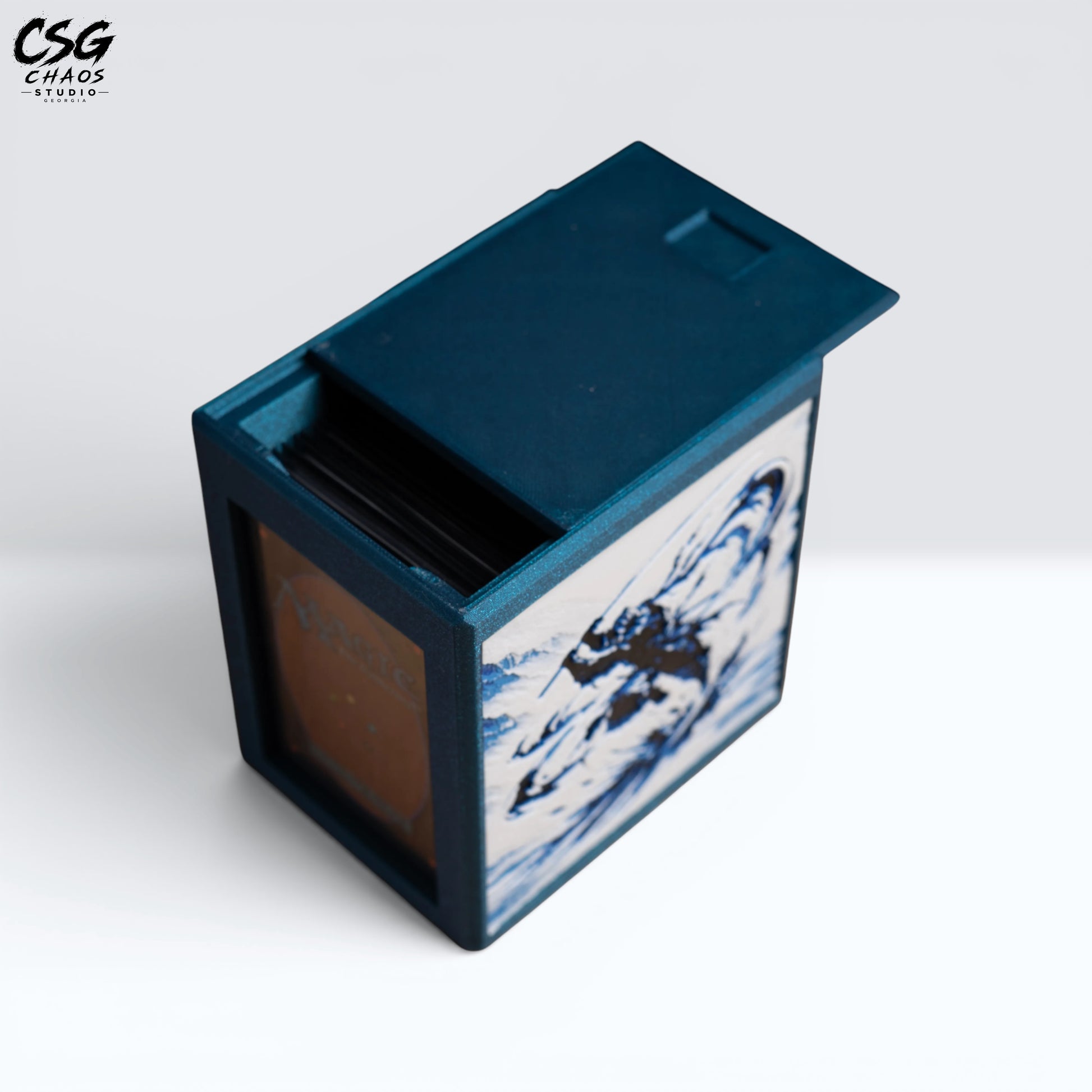 MTG Commander Deck Box PRISM Series, front view of ink brushstroke swordsman art on white background — Chaos Studio Georgia