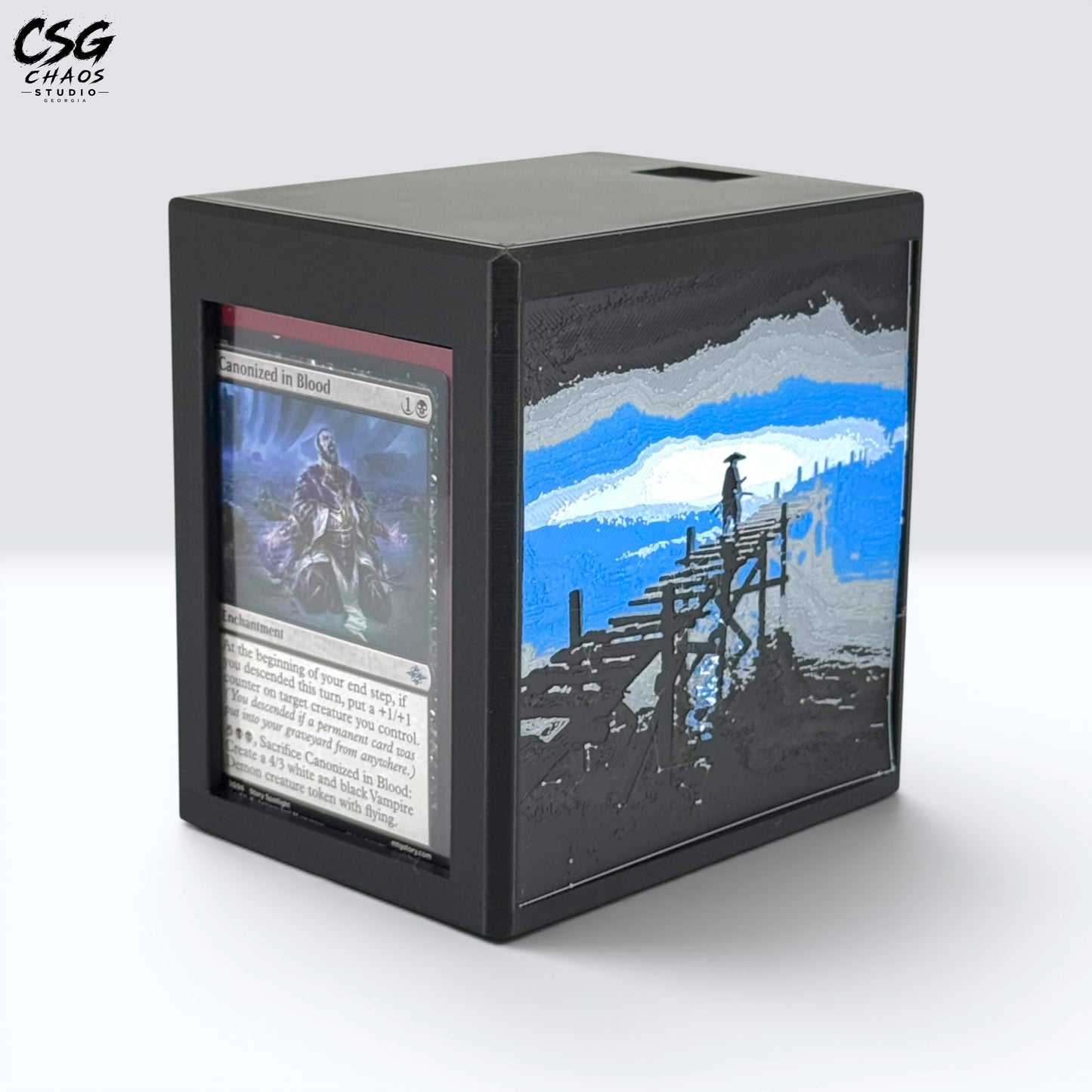 MTG Commander Deck Box PRISM Series, closeup showing card slot beside moonlit ronin art — Chaos Studio Georgia