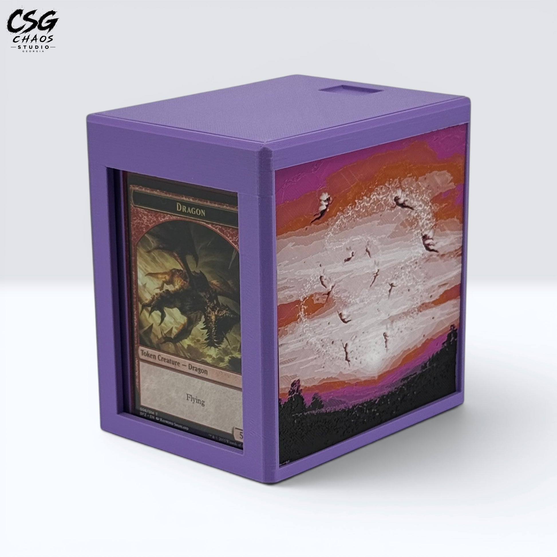 MTG Commander Deck Box PRISM series, angled view of the commander window holding a Dragon token card — Chaos Studio Georgia