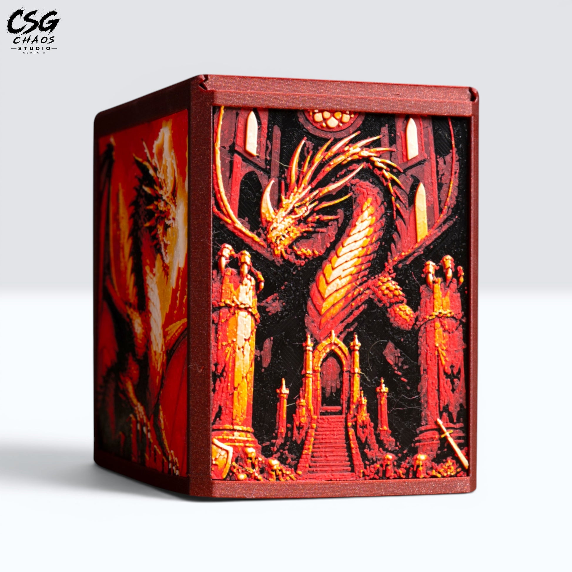 MTG Commander Deck Box PRISM Series, corner angle view of red dragon and castle panel art on white background — Chaos Studio Georgia