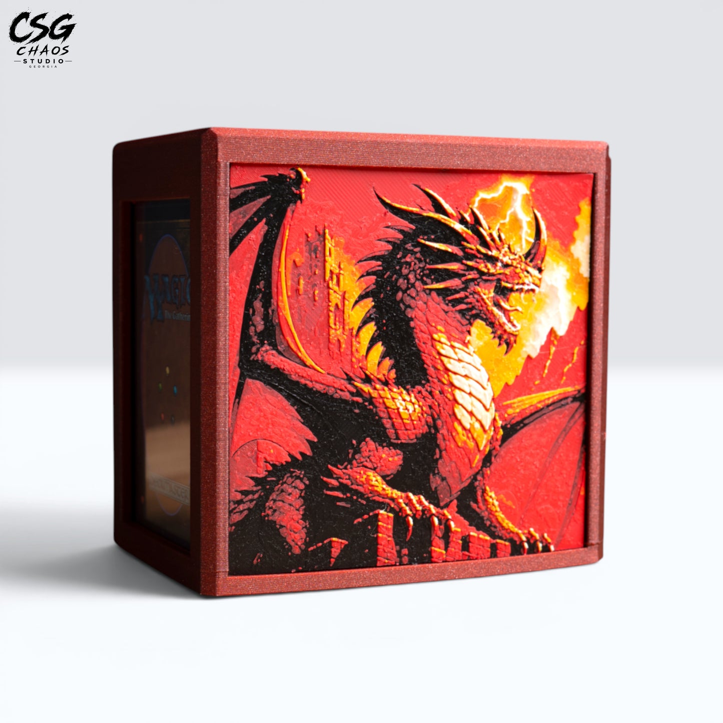 MTG Commander Deck Box PRISM Series, front view of fire-breathing red dragon panel art on white background — Chaos Studio Georgia