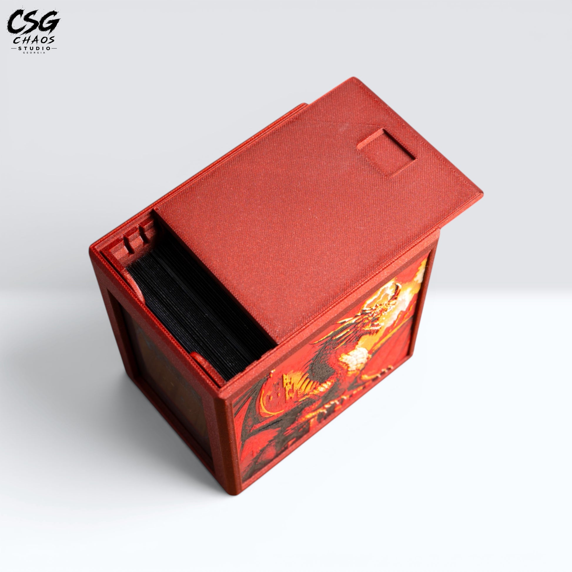 MTG Commander Deck Box PRISM Series, open lid top-down view showing card storage on white background — Chaos Studio Georgia