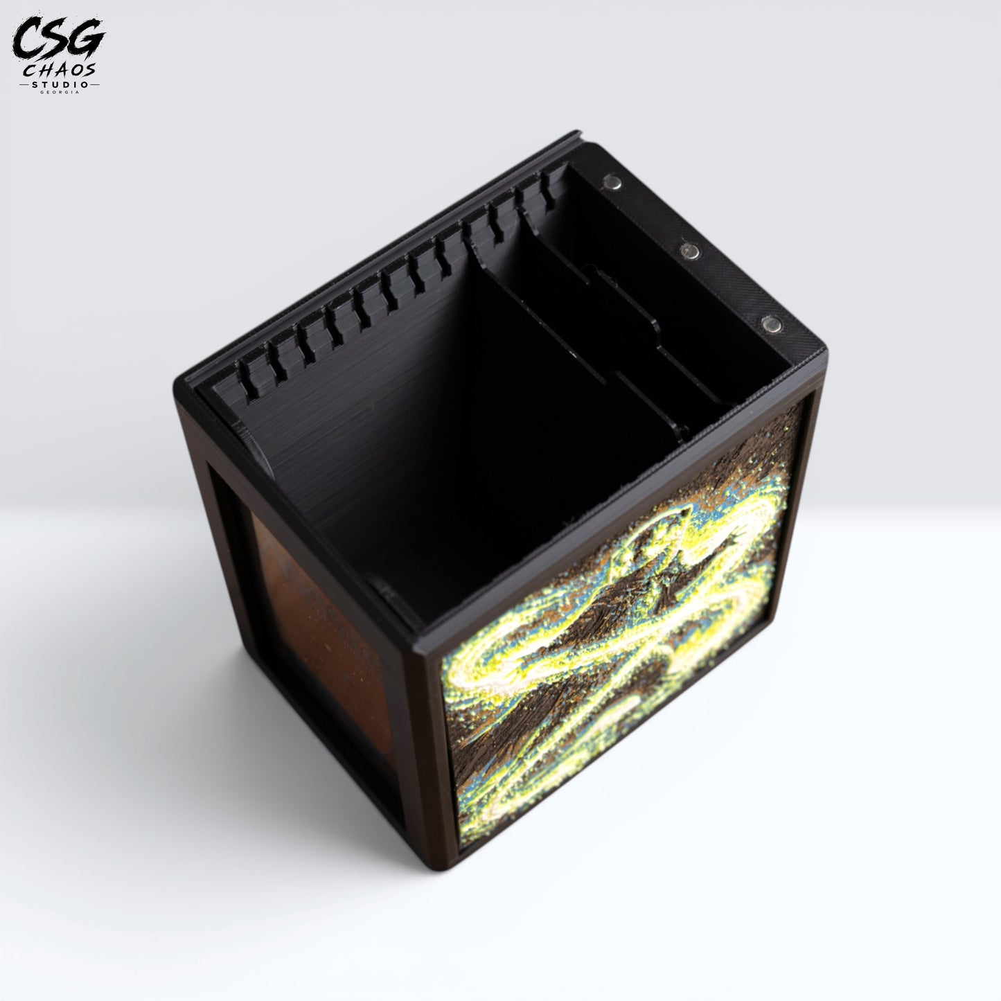 MTG Commander Deck Box PRISM Series, top-down view of empty interior with card divider visible — Chaos Studio Georgia