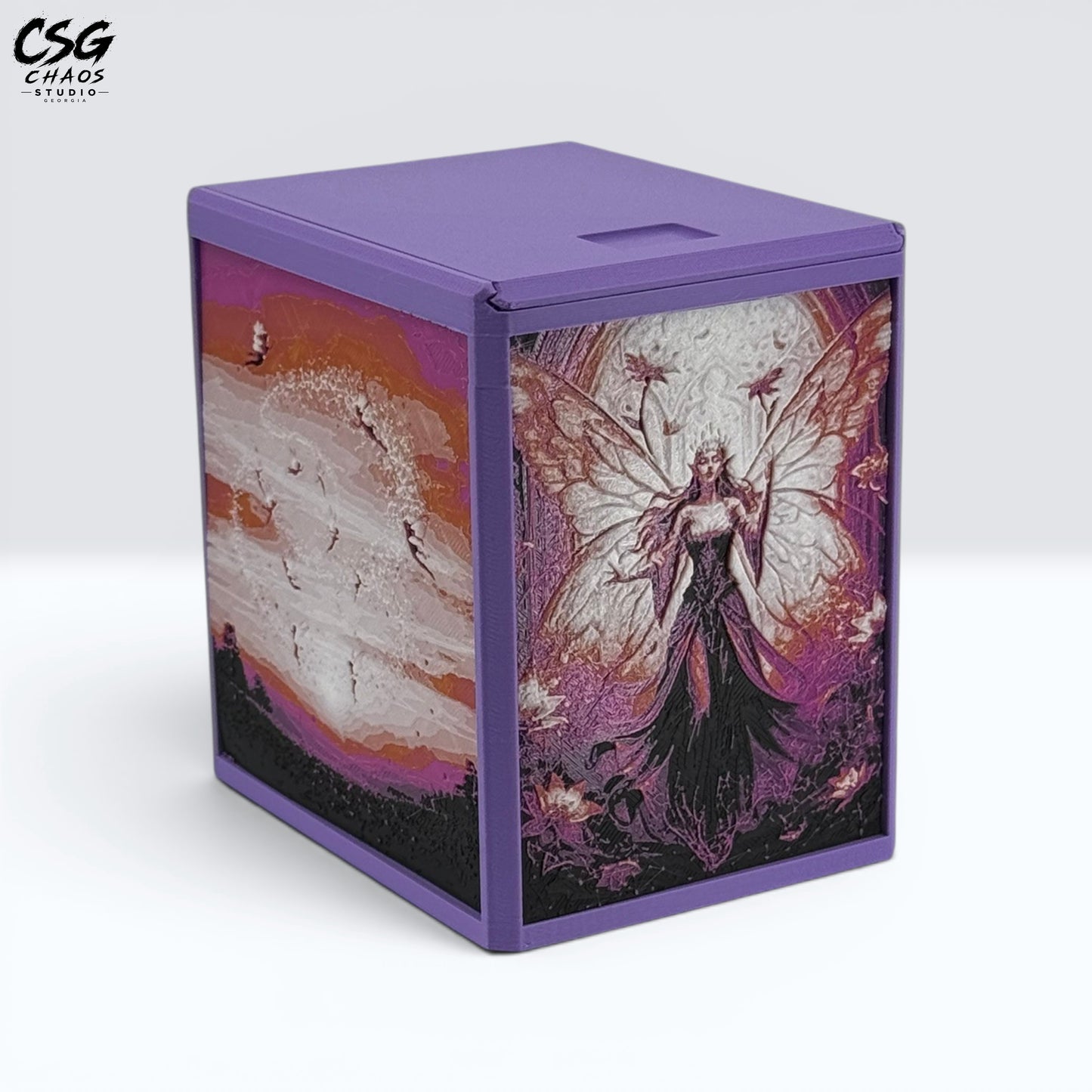 MTG Commander Deck Box PRISM series, reverse angle view of fairy queen and sunset sky panels together — Chaos Studio Georgia
