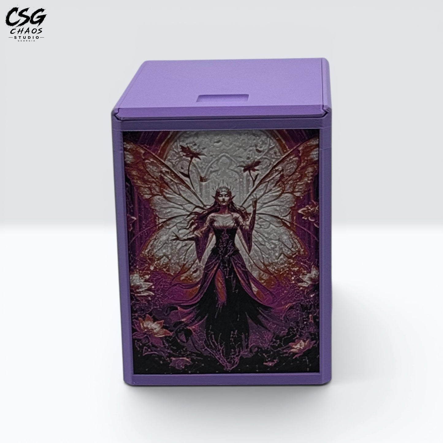 MTG Commander Deck Box PRISM series, straight front view of the fairy queen Hueforge panel — Chaos Studio Georgia