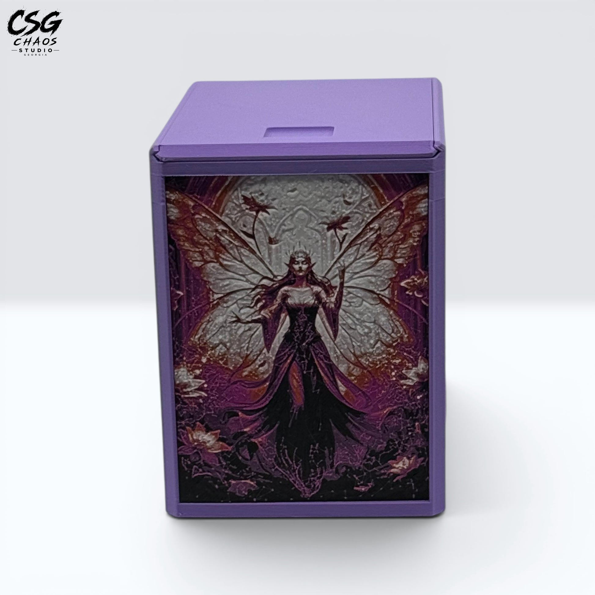 MTG Commander Deck Box PRISM series, straight front view of the fairy queen Hueforge panel — Chaos Studio Georgia