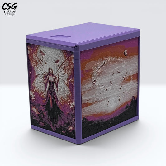 MTG Commander Deck Box PRISM series, angled view of fairy queen and sunset sky panels in purple frame — Chaos Studio Georgia
