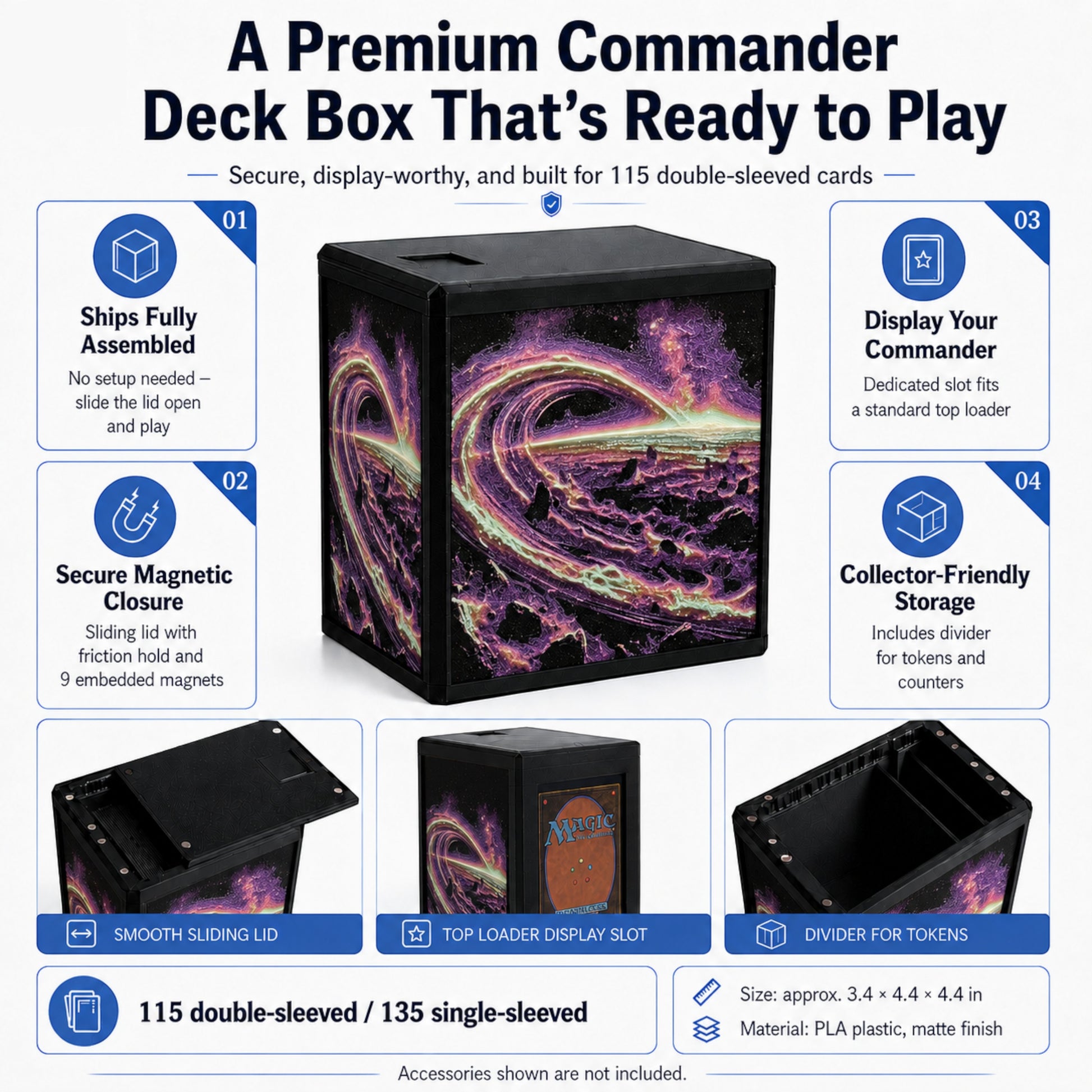 MTG Commander Deck Box PRISM Series, branded feature infographic showing capacity and closure details — Chaos Studio Georgia