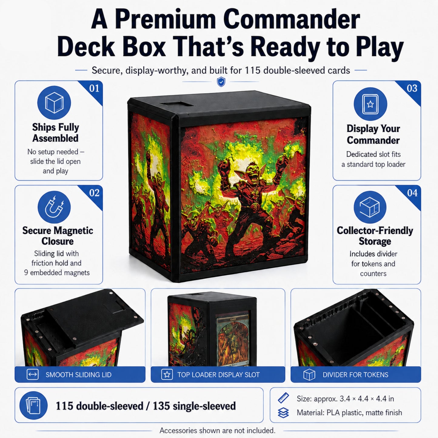 MTG Commander Deck Box PRISM Series, branded feature infographic showing capacity and closure details — Chaos Studio Georgia