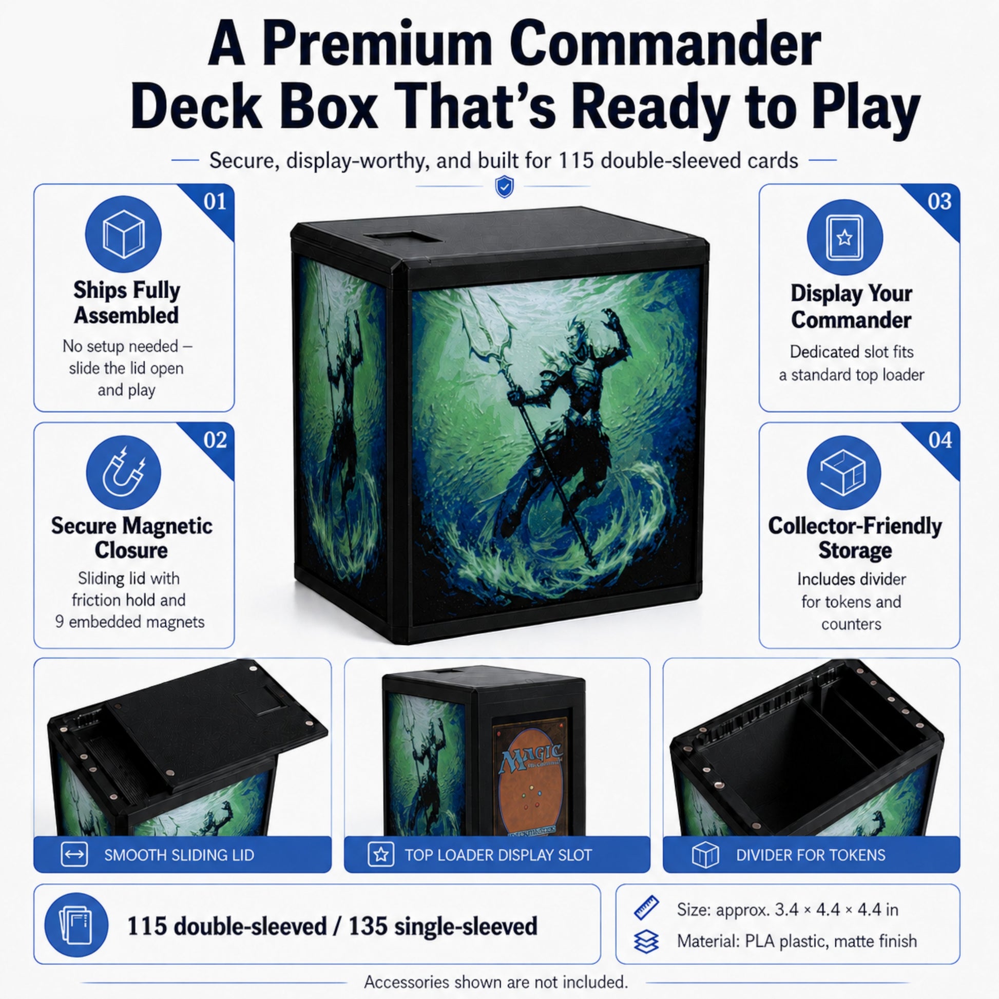 MTG Commander Deck Box PRISM Series, branded feature infographic showing capacity and closure details — Chaos Studio Georgia