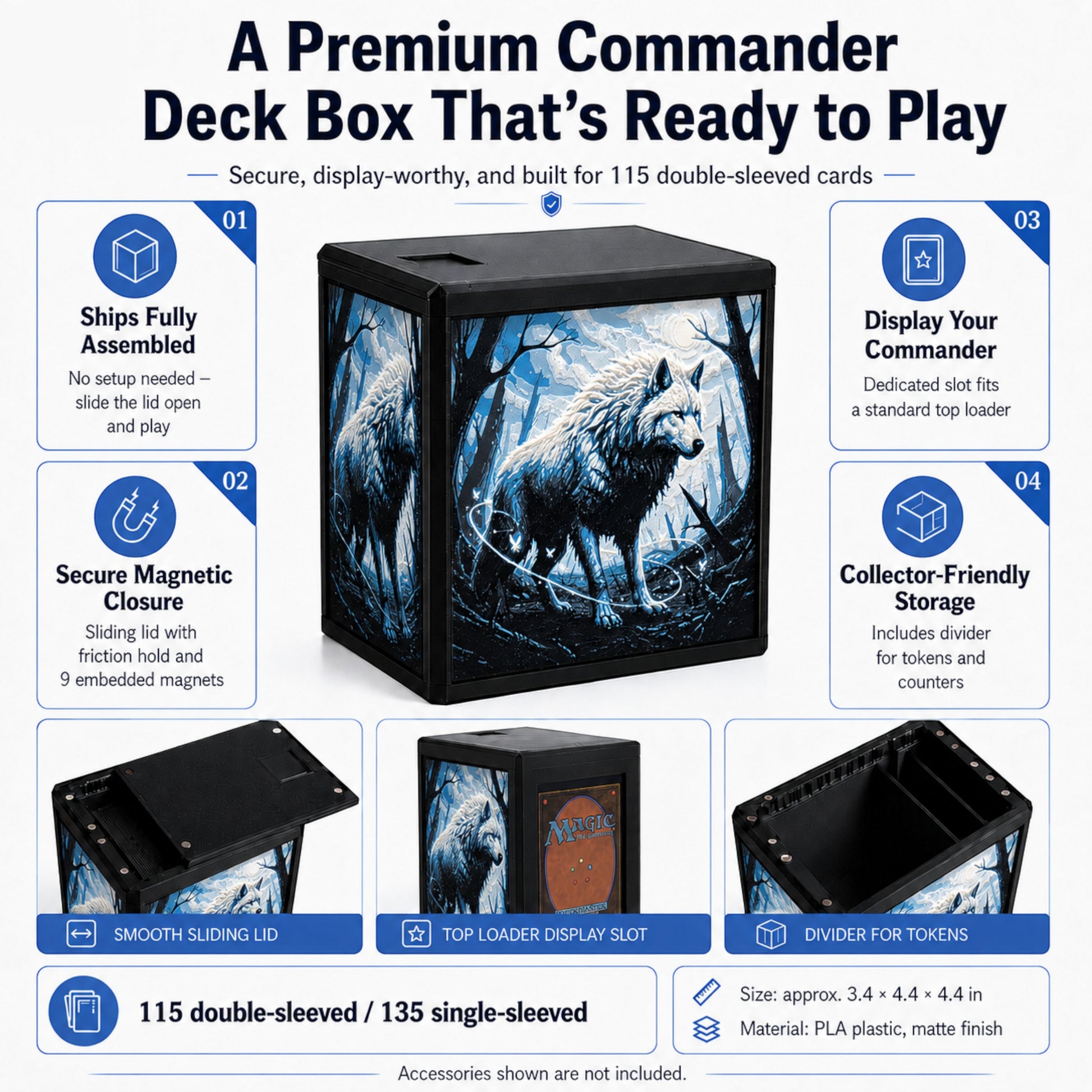 MTG Commander Deck Box PRISM Series, branded feature infographic showing capacity and closure details — Chaos Studio Georgia